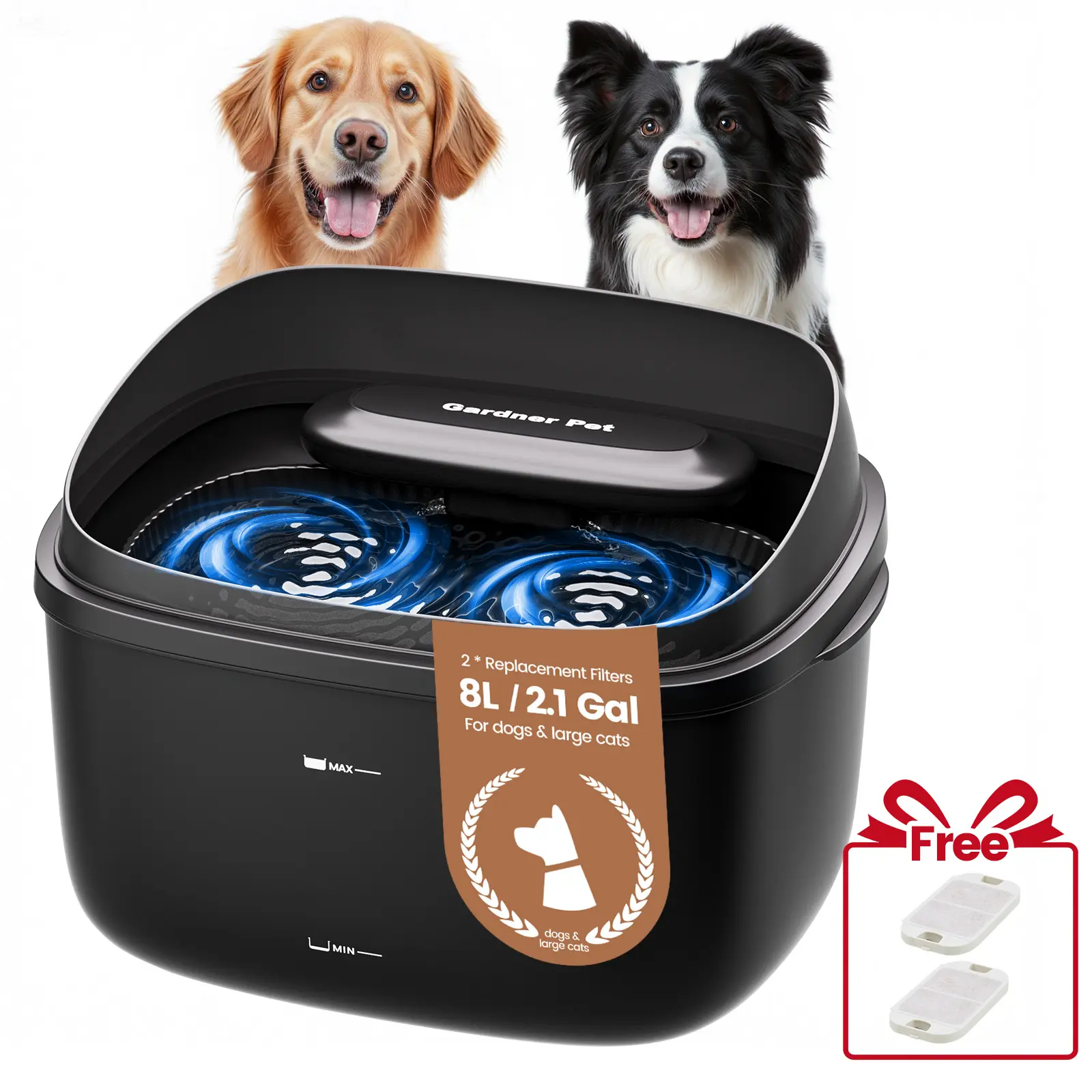 Gardner Pet Dog Water Fountain for Large Dogs, 8L/2.1Gal Large Capacity Automatic Dog Water Bowl Dispenser with Vortex Circulation, UV&Maifan Stone Filter, Quiet Dog Water Bowl(Without Adapter)