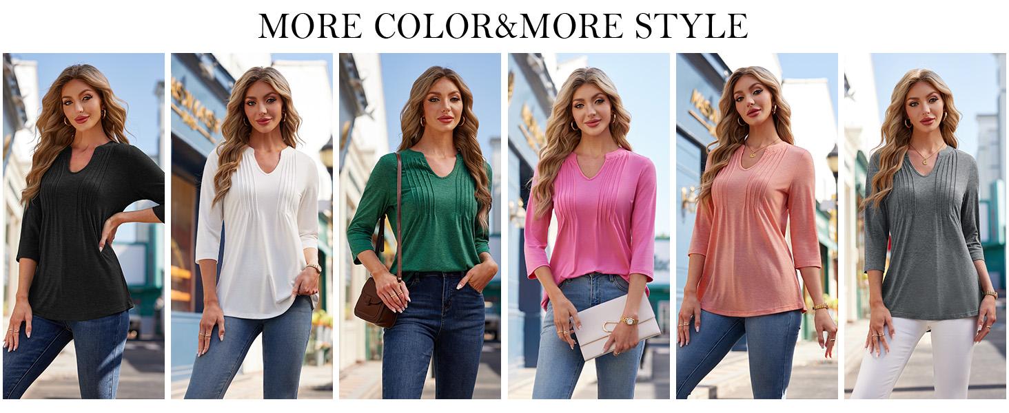 Womens 3/4 Sleeve Tops Business Casual Blouses V Neck Pleated Shirts Peasant Tunic Tops Dressy Casual Work Outfits Vneck Basic Womenswear