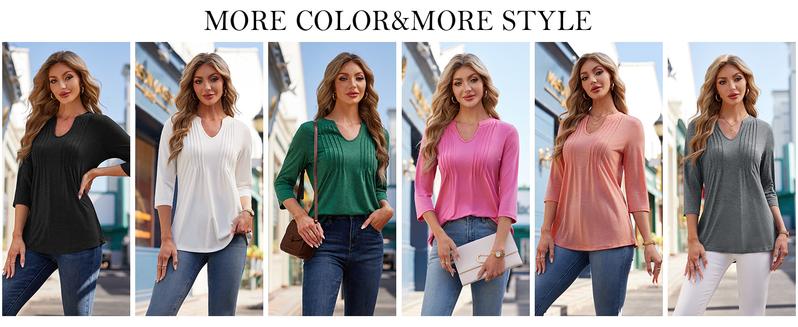 Womens 3/4 Sleeve Tops Business Casual Blouses V Neck Pleated Shirts Peasant Tunic Tops Dressy Casual Work Outfits Vneck Basic Womenswear
