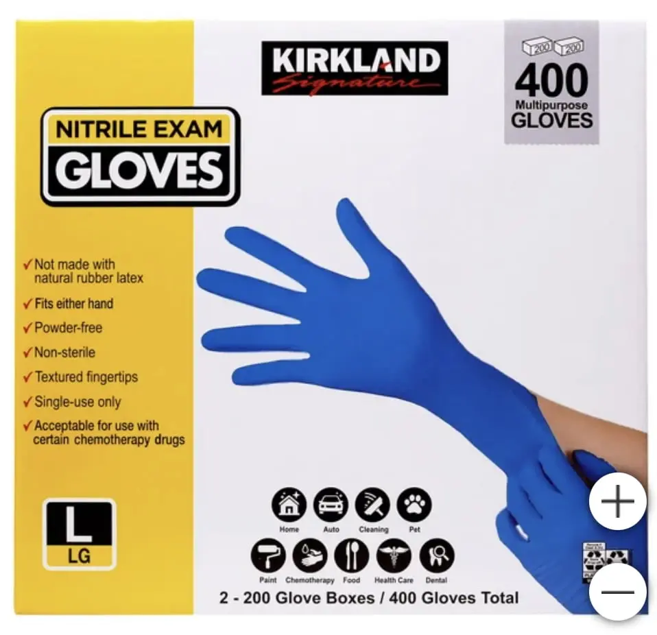 Kirkland Signature Nitrile Medical/Examination Gloves - Powder-Free, Non-Sterile, Flexible, Durable, 400-Count Pack, Maintains Sterility, for Home Cleaning (Small, Medium, Large Sizes)