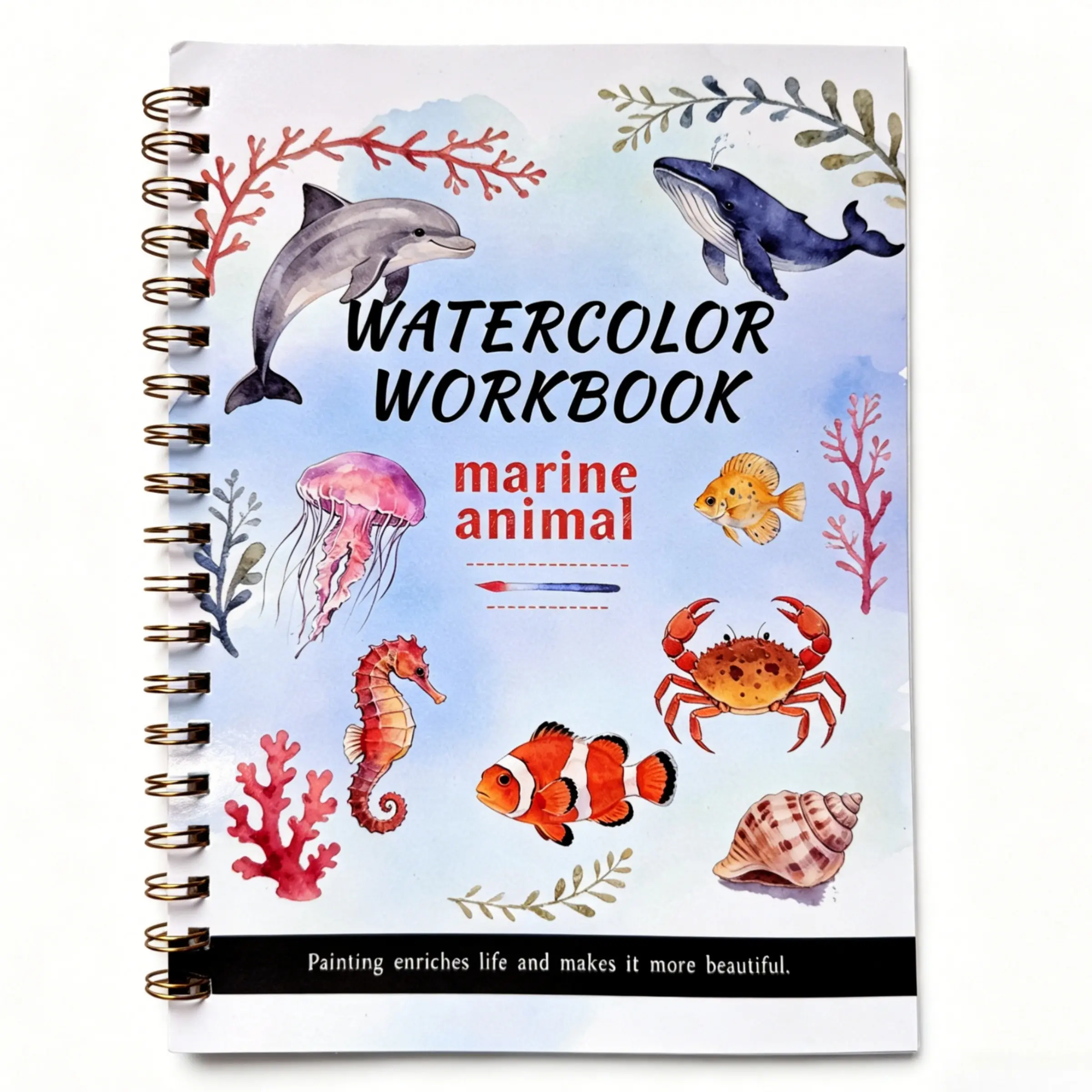 Watercolor Beginner Workbook, Ocean Animal Coloring Book with 14 Line Templates and 2 Color Guides, Fun Stress Relief Art for Adults, Creativity