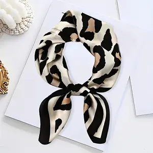 Women’s 100% Polyester Scarf – Elegant Square Black & White Leopard Print, Soft and Breathable Luxurious Neckband and Hair Accessory, Perfect for Travel, Parties, Weddings, Pure Fiber Scarf Washable by Hand
