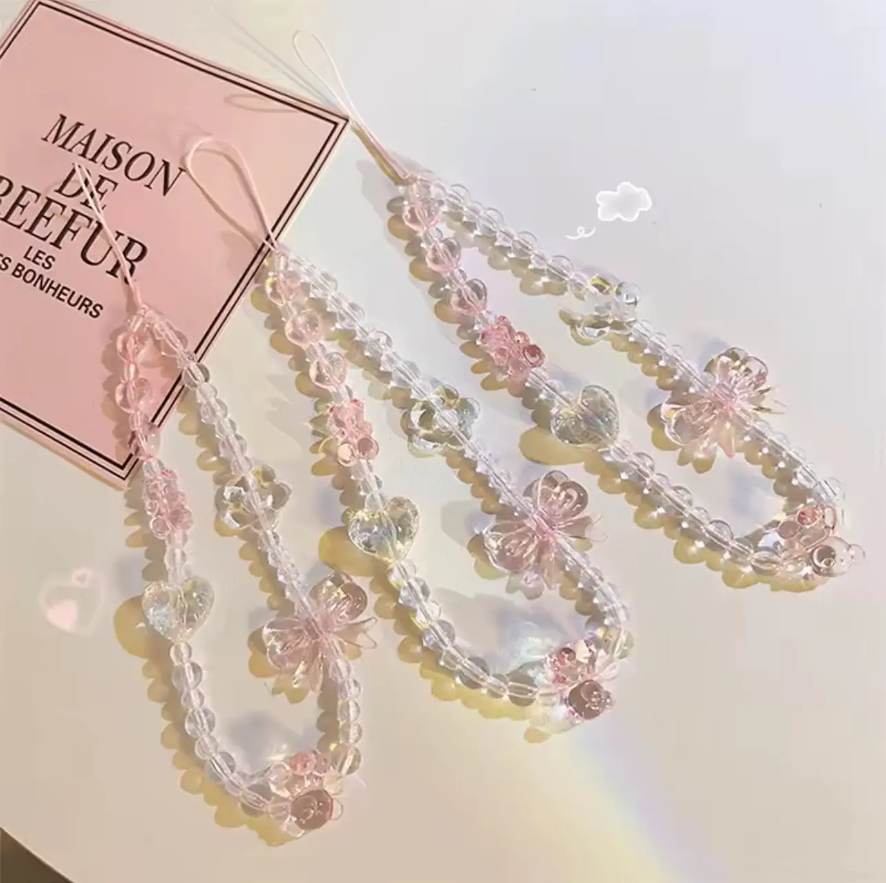 Clear Beaded Phone Charm Strap - Pink Heart & Bow Universal for iPhone & Android Cellphone