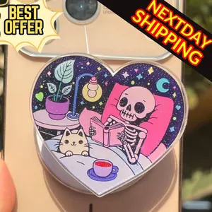 Skeleton Cat Reading Magnetic Phone Grip: Cozy Spooky MagSafe PopSocket, Cute Bookish Phone Holder, Fun Gift For Readers and Bookworms