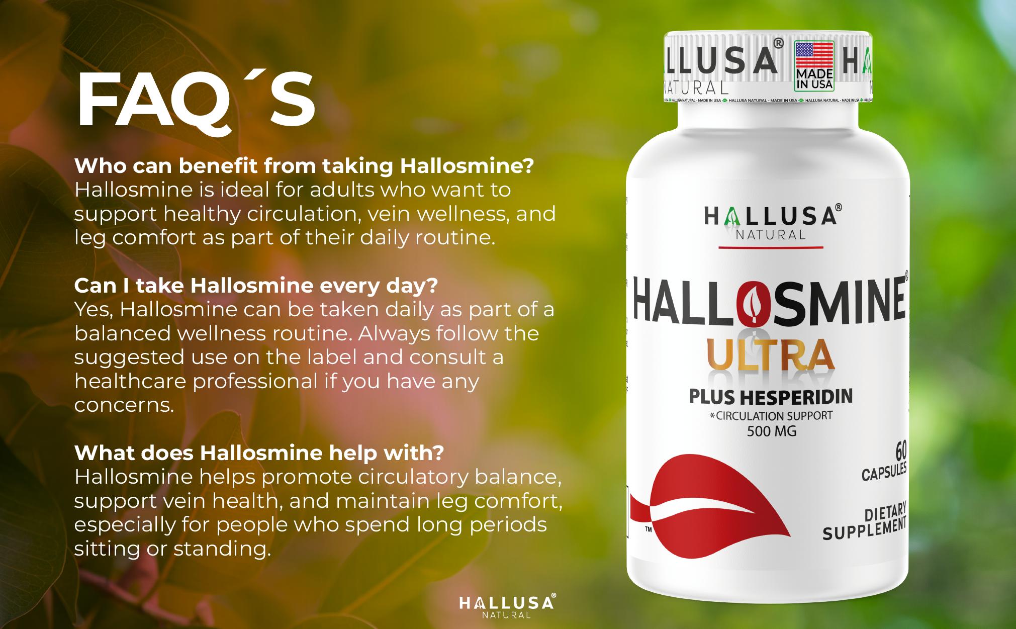 HALLUSA NATURAL Hallosmine Ultra - Diosmin 500 mg & Hesperidin 150 mg - 60 Veggie Capsules - Vegan, Organic, Gluten-Free, GMO-Free, Sugar-Free - Circulation Support Supplement - Healthcare Wellness Vitamins