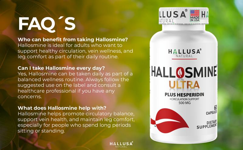HALLUSA NATURAL Hallosmine Ultra - Diosmin 500 mg & Hesperidin 150 mg - 60 Veggie Capsules - Vegan, Organic, Gluten-Free, GMO-Free, Sugar-Free - Circulation Support Supplement - Healthcare Wellness Vitamins