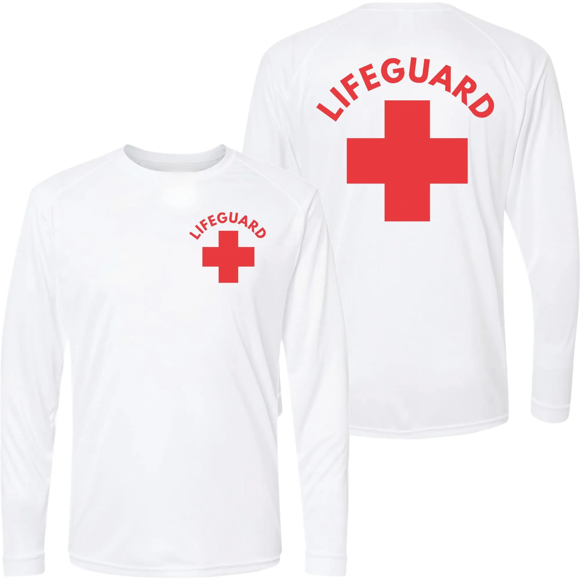 100% Polyester Classic Long Raglan Sleeve Lifeguard Workwear T-Shirt, Moisture-Wicking Sun Rash Guard Pool Attendant Performance Uniform Shirt for Day Use
