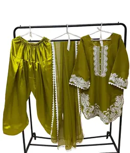 Party Wear Pakistani Designer Olive Green Embroidered Chiffon Kameez | Silk Farshi Salwar