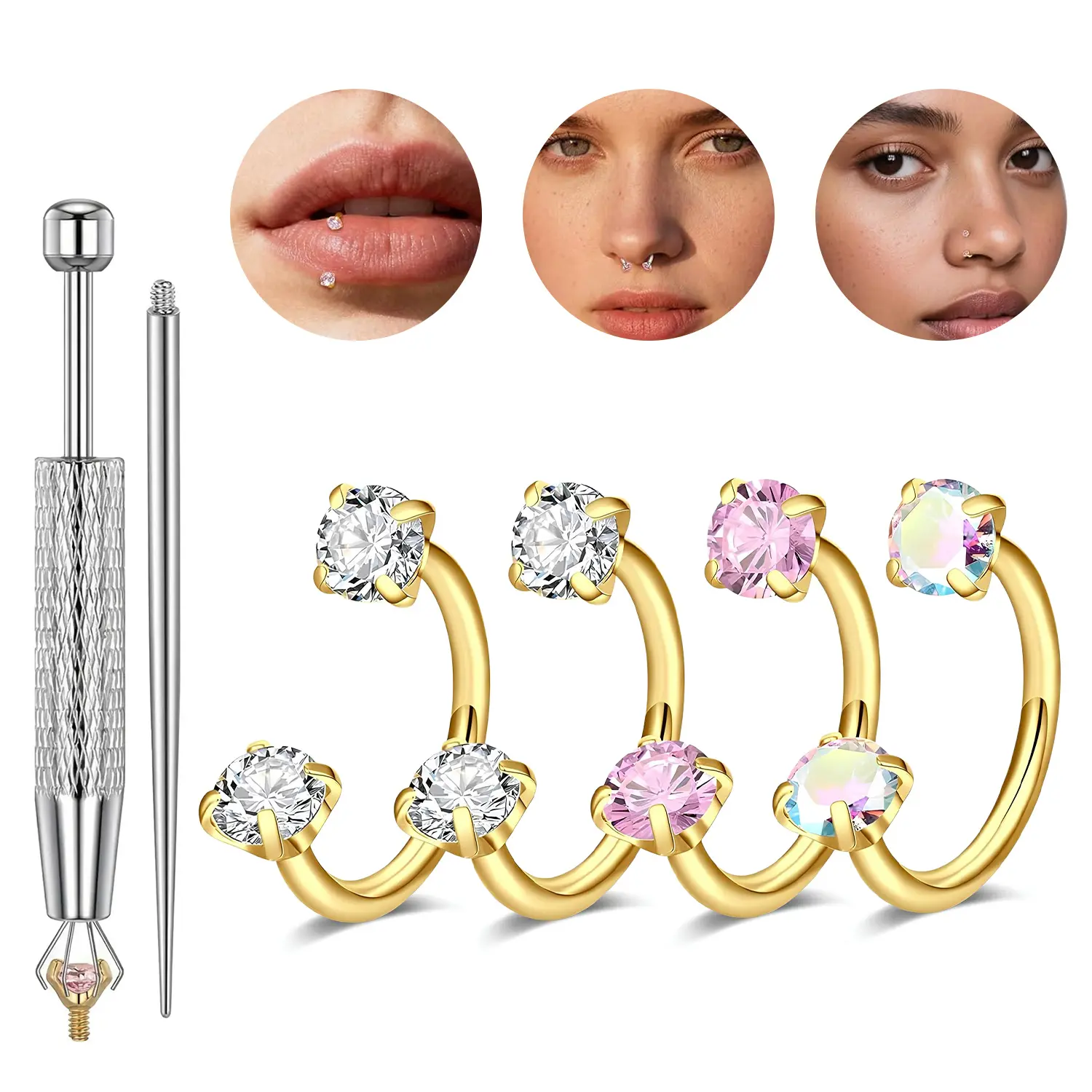 YLNWH Horseshoe Nose Hoop Internally Threaded Gems Nose Ring with Free Ball Holder & Guiding Needle