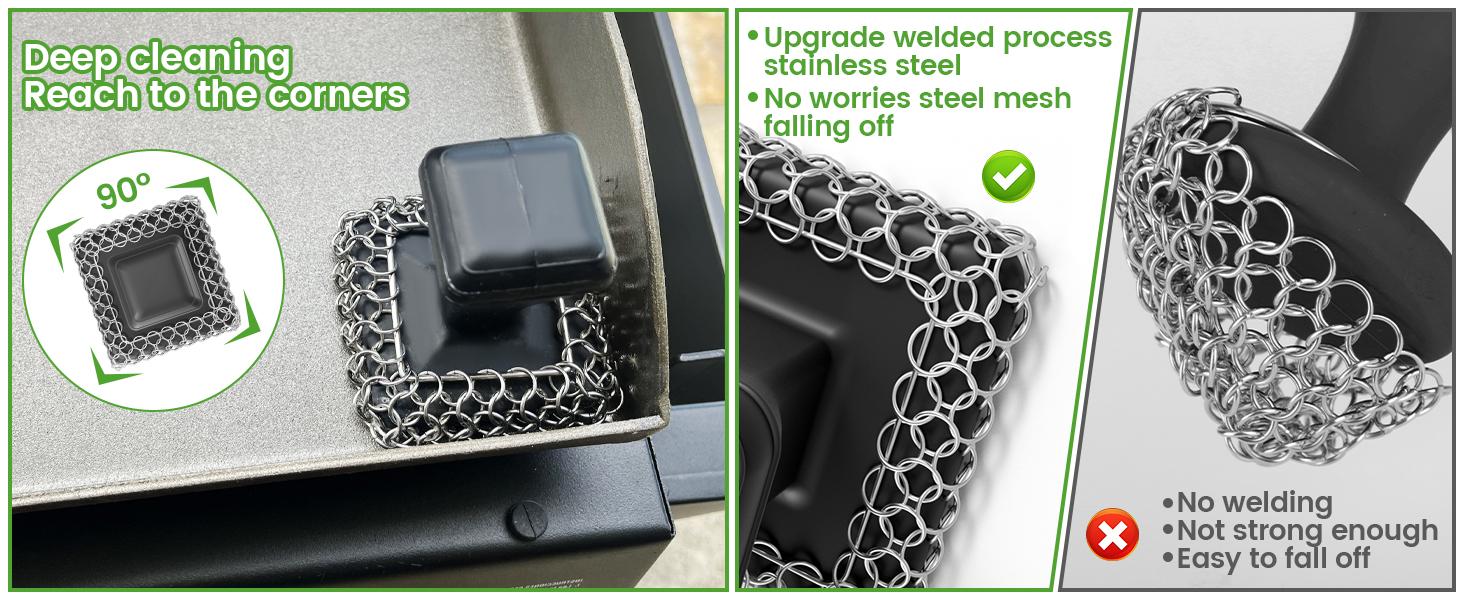 316L Chainmail Scrubber Cast Iron Scrubber & Cleaner Scraper Kit Stainless Steel Upgraded Handle for Cast Iron Pans, Dish Scrub Brush Scouring Pad
