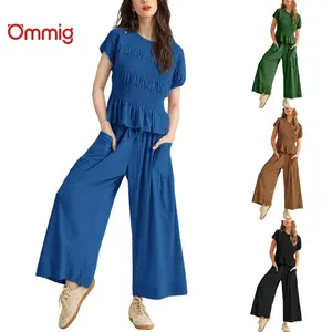 Ommig Women’s 2-Piece Smocked Top & Wide-Leg Pants Set–High-Waisted Lounge Outfit with Pockets Casual Boho Matching Set