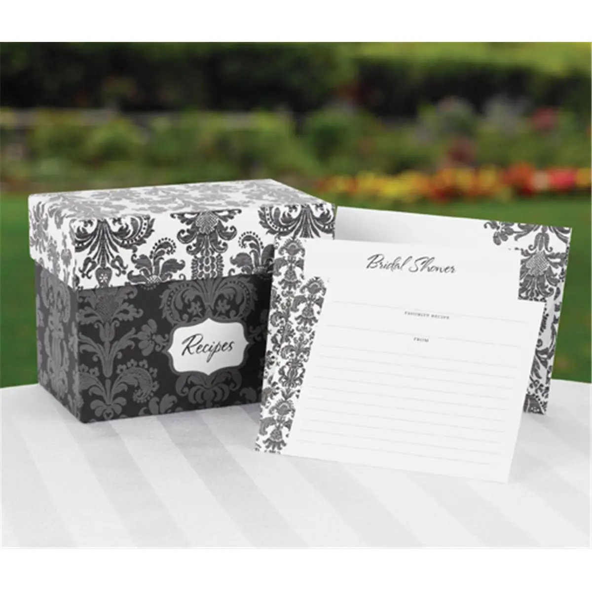 Hortense B. Hewitt Elegant Damask Print Recipe Box Gift Set - 6-1/8x3-1/2x4-5/8in Compact Storage, Includes Cards, 25 Bridal Shower Invitations, Classic Wedding & Home Supplies