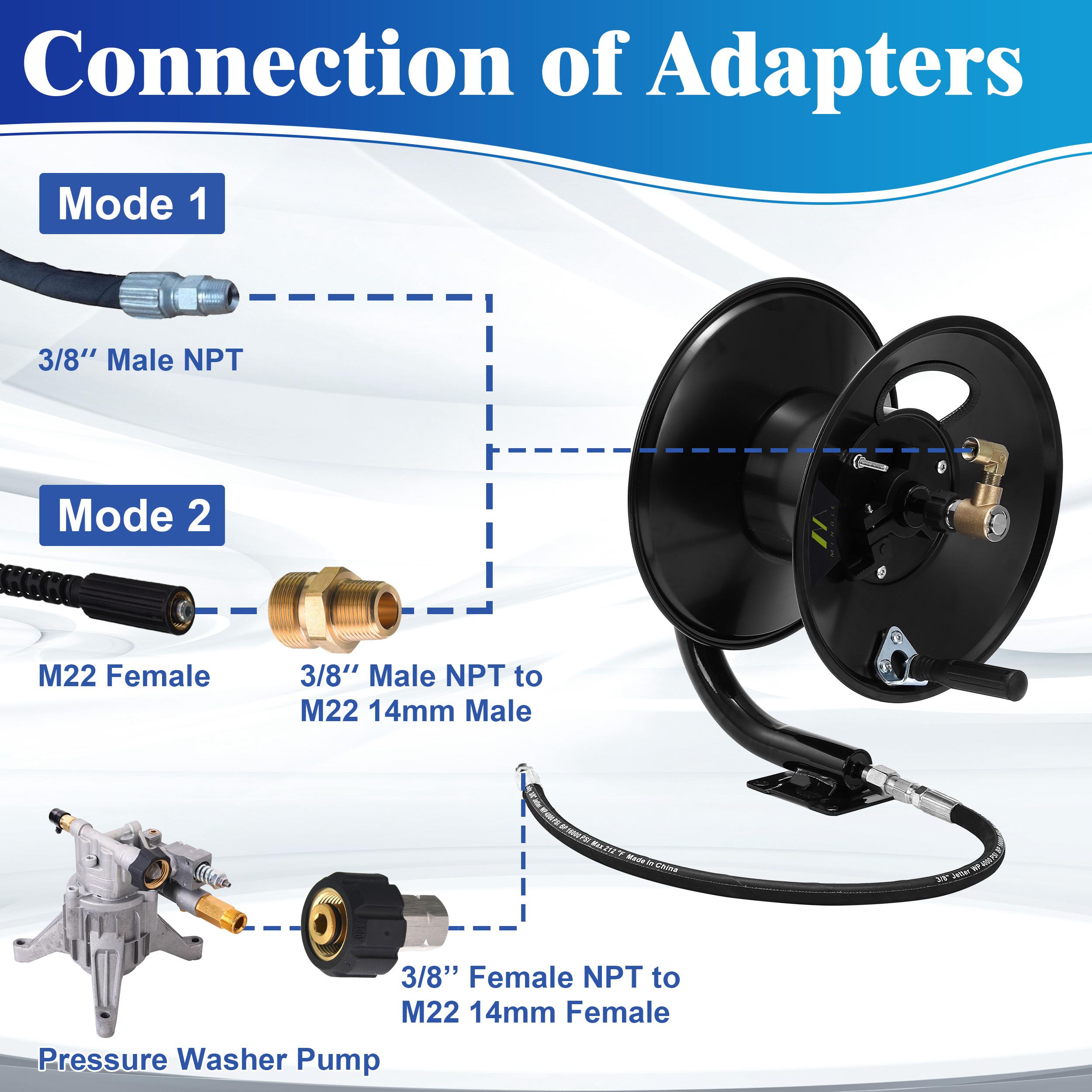 M MINGLE Pressure Washer Hose Reel 100 ft 3/8" NPT to M22 14mm Adapter, Heavy Duty Mounted Hose Reel for 100 ft 3/8" Power Wash Whip Hose 4000 PSI