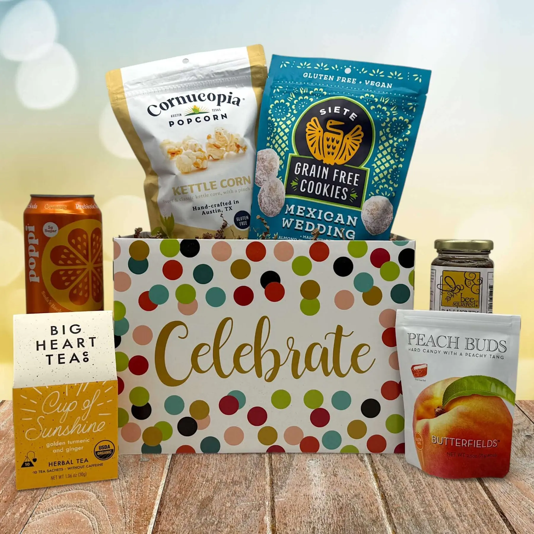 Cancer Survivor Celebration Gift Basket Snack Multipack Hand-packed in USA with Cornucopia Kettle Corn Siete Grain Free Cookies Poppi Orange Soda Big Heart Tea Peach Buds Hard Candy & Bee Squared Honey