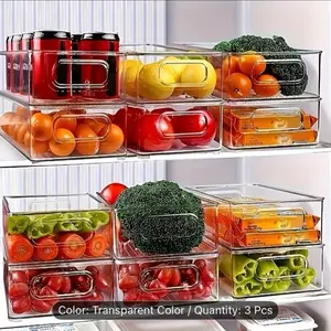 [3-Pack Storage Containers] 3-Pack Large Stackable PET Storage Containers With Snap-Fit Lids - Heavy-Duty Transparent Pantry Organization Boxes For Fruits, Vegetables, Meat, Snacks - Space-Saving Reusable Containers Suitable For & Pantry