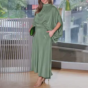 ChicMe Women's Elegant Satin 2 Piece Set Stand Collar Batwing Sleeve Tie Back Top & High Waist Maxi Skirt Outfits Commuting Dressy Matching Set