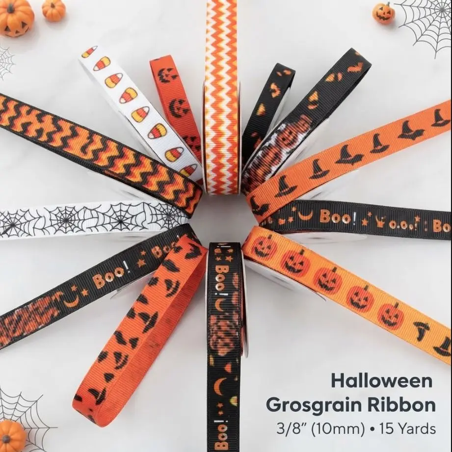 Halloween Grosgrain Ribbon, 3/8" (10mm) x 15 Yards Assorted Ribbon Rolls for DIY Crafts, Gift Wrapping, Hair Bows & Party Decorations