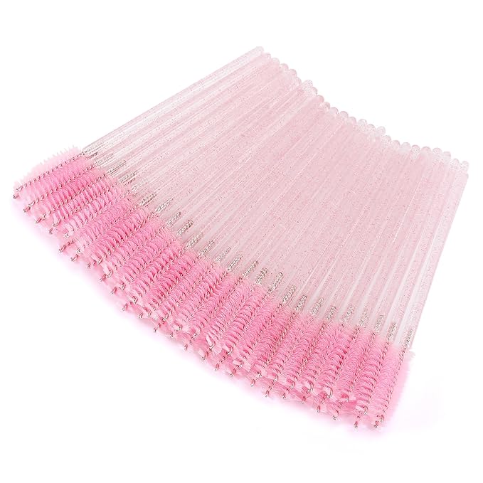 50PCS Pink Crystal Lash Wands – Stylish, Disposable Spoolies for Perfect Lash Extensions, Brows & Makeup Magic Brush Mascara Cosmetic