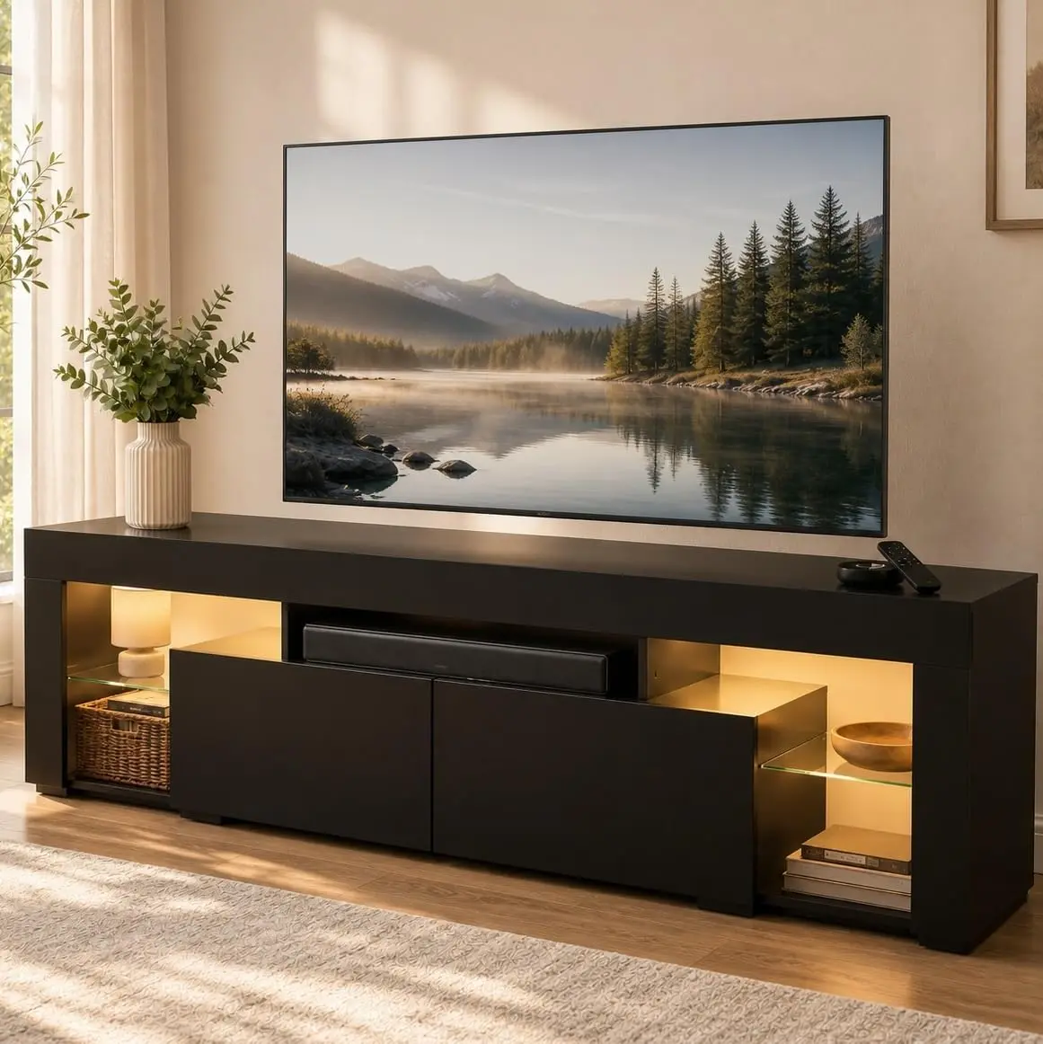 [Back to School] WLIVE 63 Inch TV Stand for 55/65/70 Inch TV, Modern Entertainment Center with 20 LED Lights & 2 Large Storage Drawers, Wood TV Console for Living Room, Bedroom, Tv Console Table, Furniture