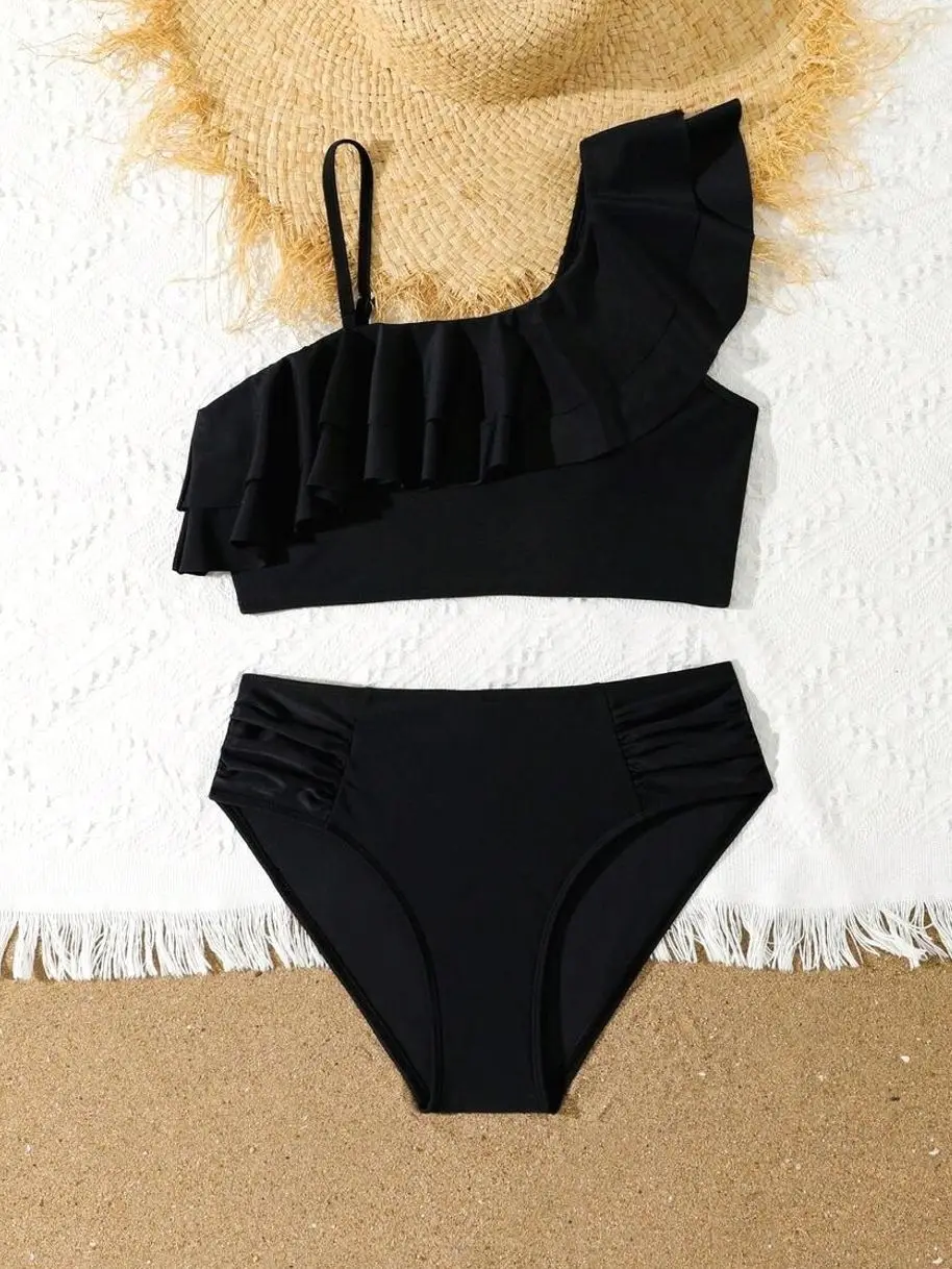 Teen Girls Solid Black One-Shoulder Ruffle Bikini Set Stylish Two-Piece Beach Swimwear