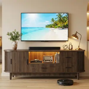 DAYAGO TV Stand for 60" TVs with Curved Sliding Doors, Media Console Table with Charging Station and RGB Lighting, 3 Drawers, Open Shelve and 3 Cabinets, Walnut, Living Room