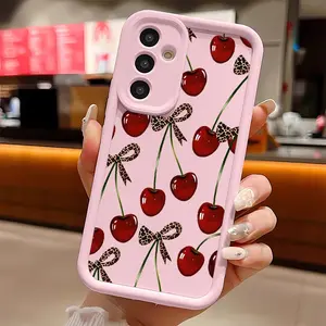 Red Cherry Leopard Bow Soft Silicone Phone Case For Galaxy S26Ultra/S25Edge/S24fe/S23/S22/S21Plus/A13/A14/A15/A16/A17/A33/A34/A35/A36/A52/A53/A54/NOTE20 Drop Protection|Full Camera Protection|Anti-Scratch|Non-Slip|Perfect Birthday Gift for Her