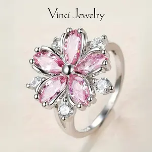 925 Sterling Silver Cherry Blossom Ring, Romantic Flower Zircon Ring Fashion Pink Synthetic Diamond Set, Daughter Birthday Valentine's Day Sweet Crystal Gifts