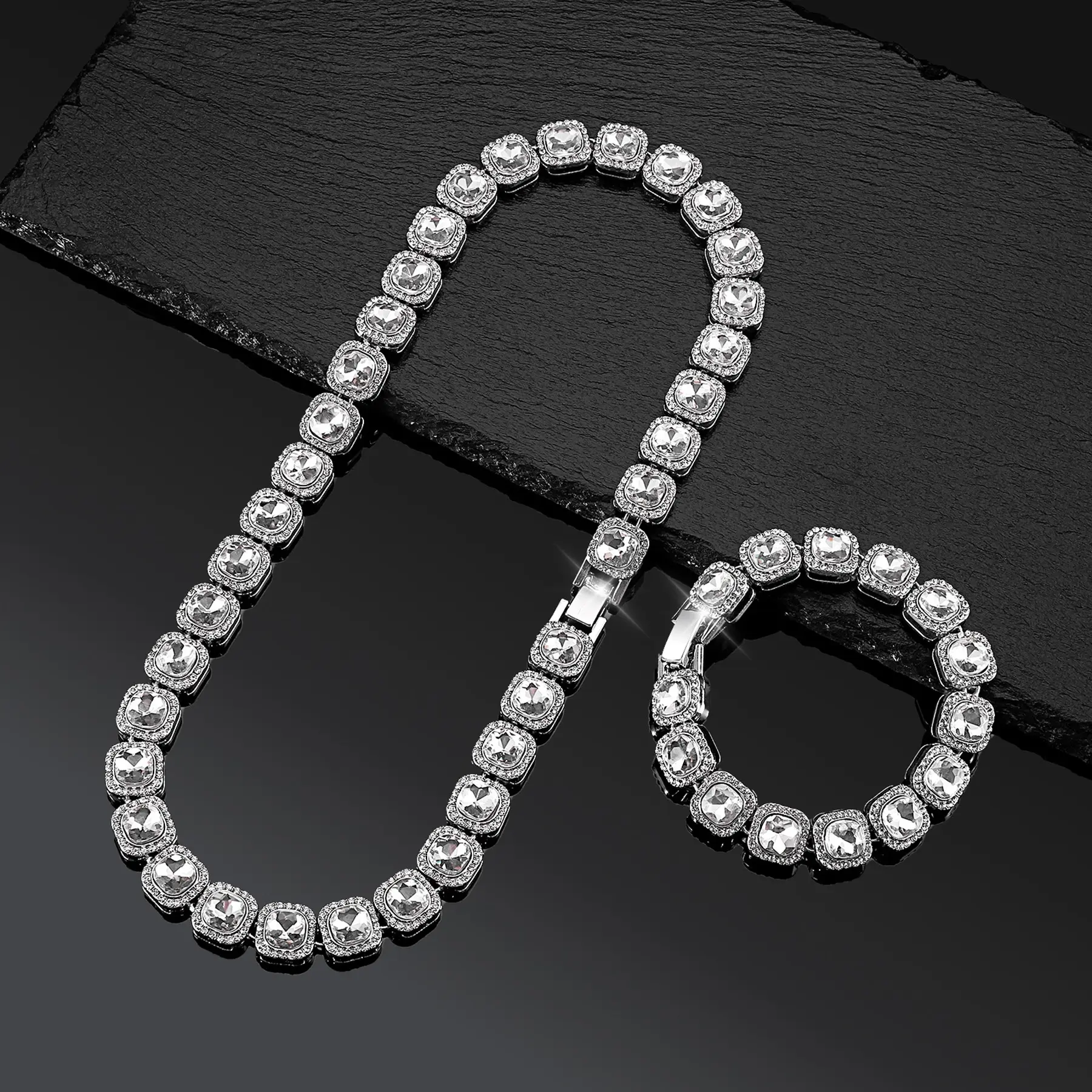 2 PCS Iced Out Tennis Necklace Bracelet Square Baguette Tennis Chain Clustered Diamond Tennis Necklace Bracelet Hip Hop Jewelry For Men Women