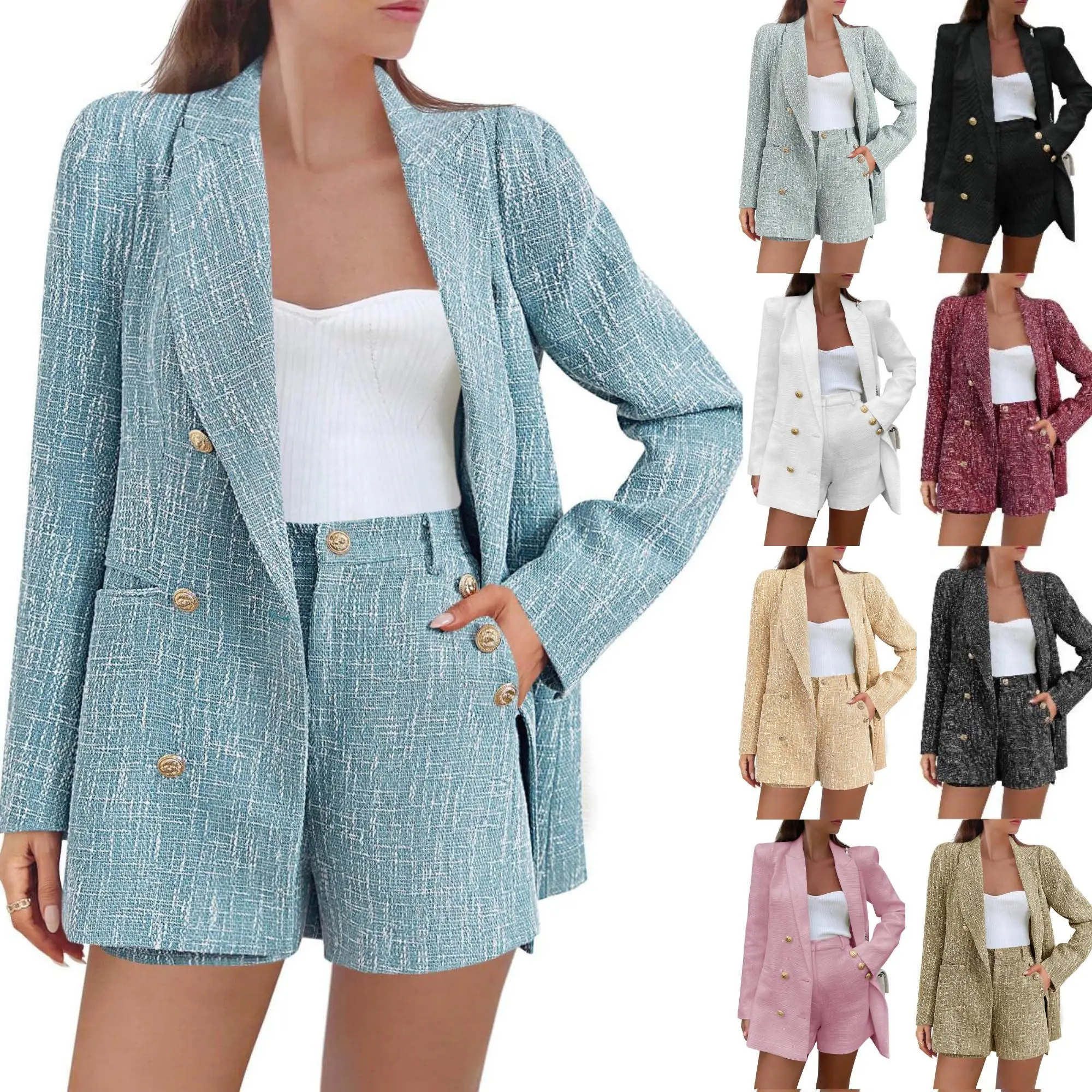 PASLTER Women's Chic 2-Piece Fitted Long-Sleeve Double-Breasted Tweed Blazer & Shorts Set, Elegant Polyester Formal Business Outfit M1H684, Longsleeves