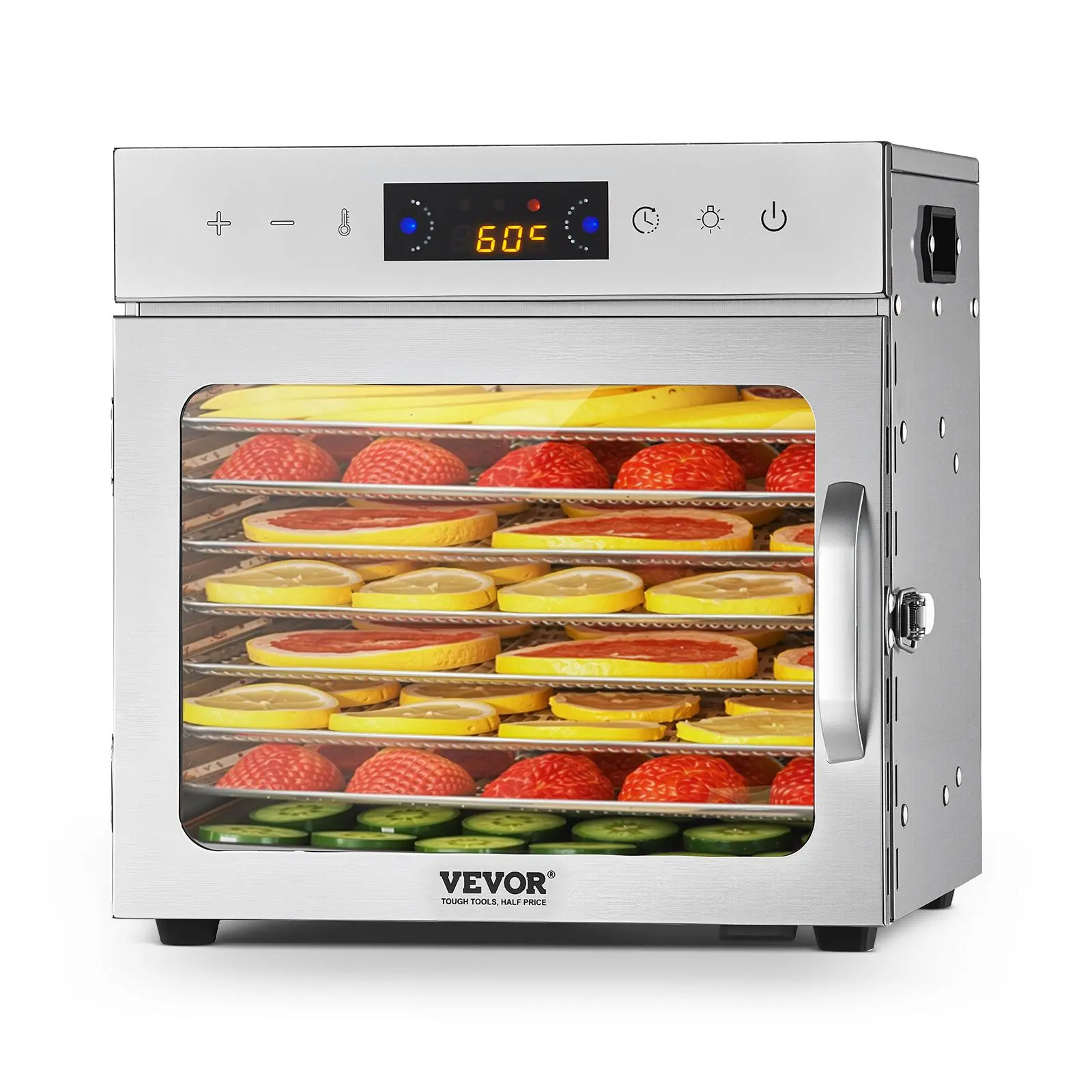 【Summerfinds】VEVOR Durable Electric Food Dehydrator Machine, 8 Stainless Steel Trays, 400W with Digital Display, Adjustable Temperature, 24-Hour Timer, Explosion-Proof LED Light, Even Drying for Jerky, Fruit, Dog Treats, Dehydrating Herbs, Visible Window,