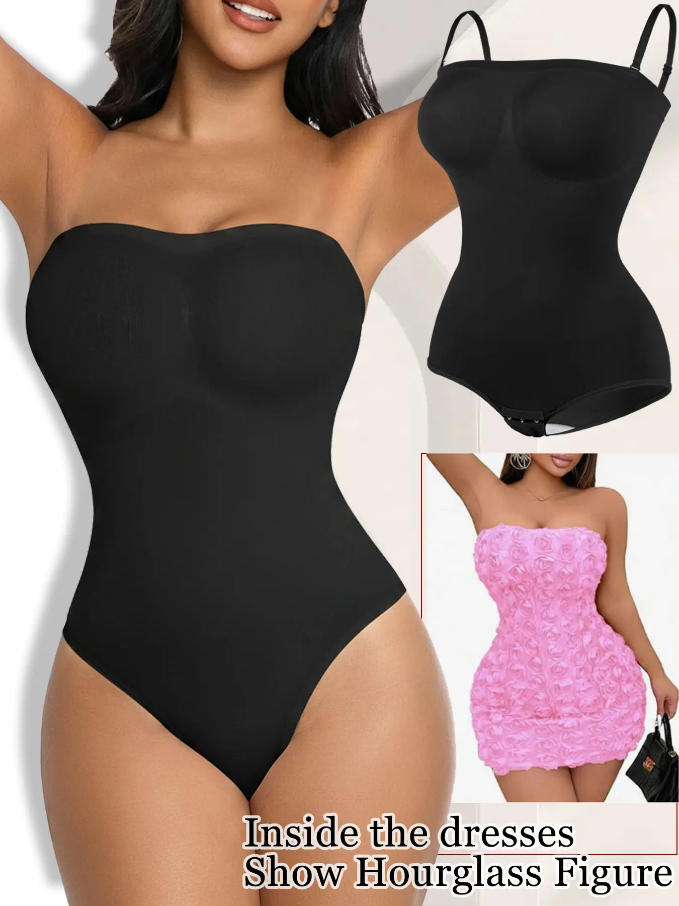 Women's Essential Strapless Seamless Tummy Control Shaper Bodysuit - Convertible Halter Straps, Lightweight Soft Breathable Fabric, Basic Under-Dress Piece for Valentines Day, Dates, Parties, Casual, Wedding