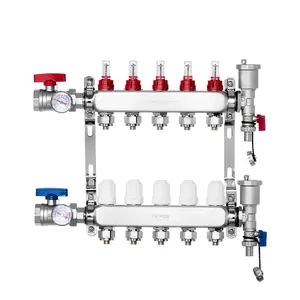 VEVOR 5-Branch Radiant Heat Manifold,  1/2" PEX Tubing Manifold, Stainless Steel PEX Manifold for Hydronic Radiant Floor Heating, Radiant Heat PEX Manifold Kit with 1/2" Adapters Included