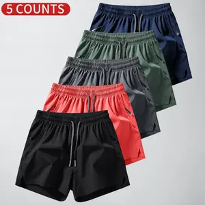 Men’s plain solid-color drawstring pocket shorts, 5-pack — athleisure casual elastic-waist breathable summer athletic bottoms for everyday wear, SpringStatements, Menswear, Set