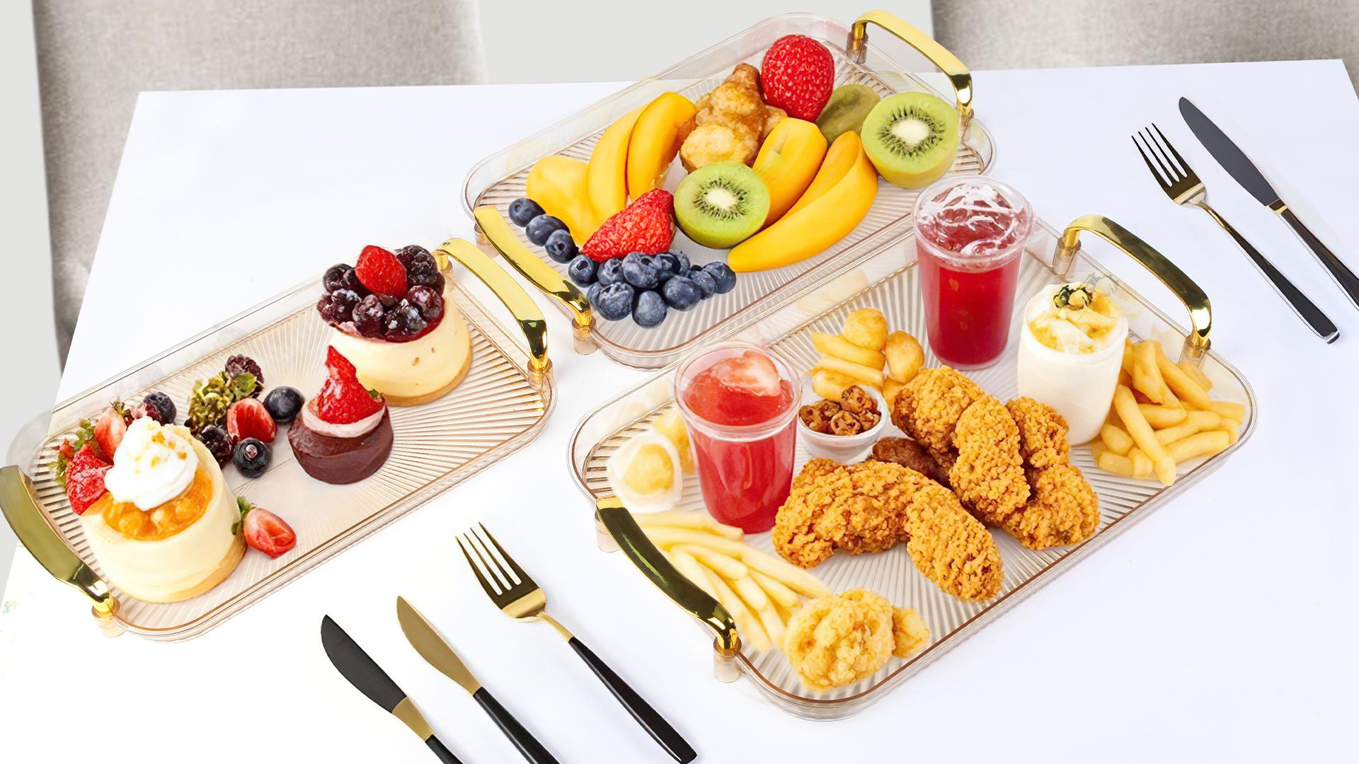 3 Pack Serving Tray with Handles Stackable Reusable Trays for Serving Food Plastic Serving Platters for birthday Party Charcuterie Fruit Appetizer BBQ Pool snacktray Mother's day gift