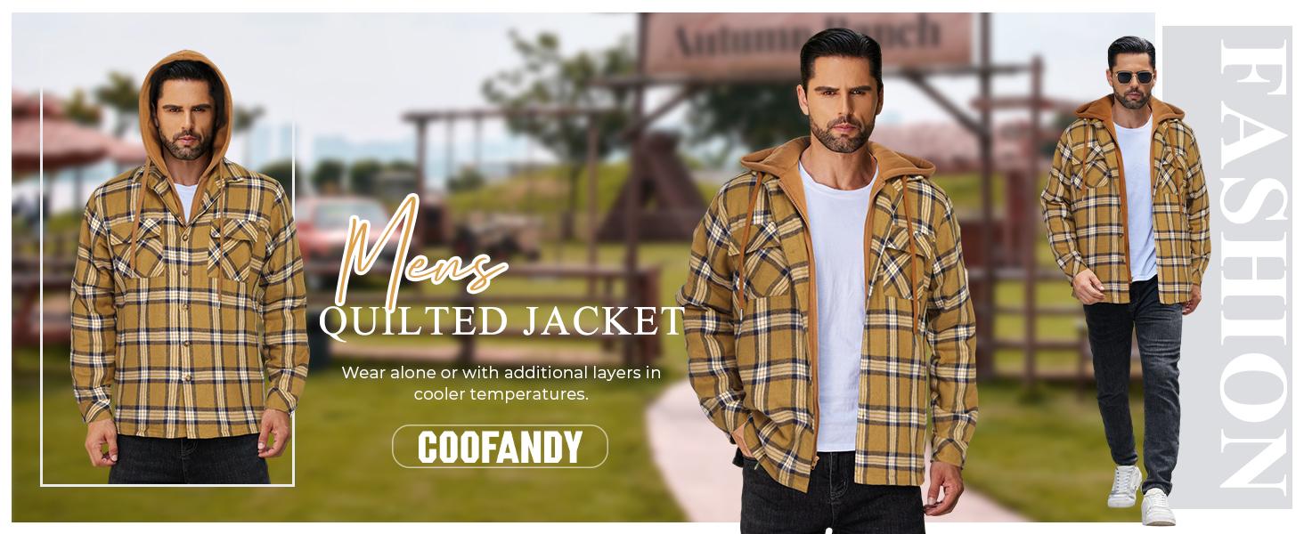 COOFANDY Men's Quilted Lined Flannel Shirt Jacket with Hood Long Sleeve Plaid Shirt Jacket