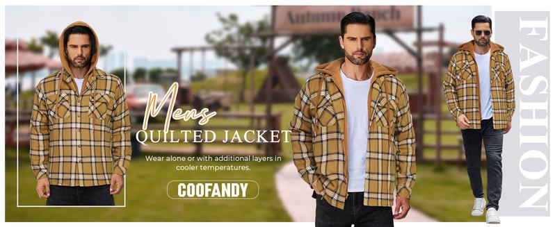 COOFANDY Men's Quilted Lined Flannel Shirt Jacket with Hood Long Sleeve Plaid Shirt Jacket