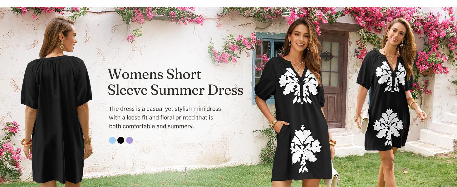 Wenrine Women's Puff Short Sleeve Mini Dress Summer Floral Print Button V Neck Loose Casual Shift Dresses with Pockets