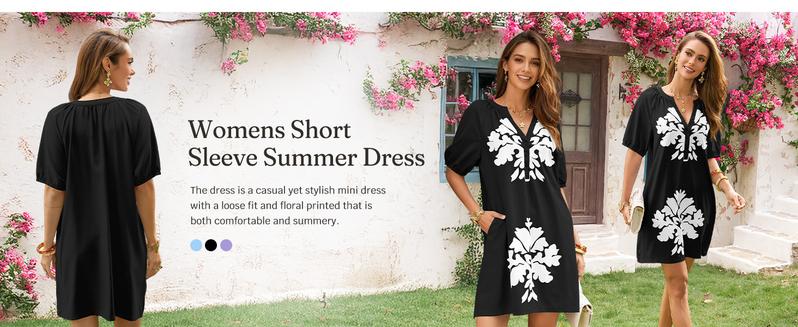 Wenrine Women's Puff Short Sleeve Mini Dress Summer Floral Print Button V Neck Loose Casual Shift Dresses with Pockets