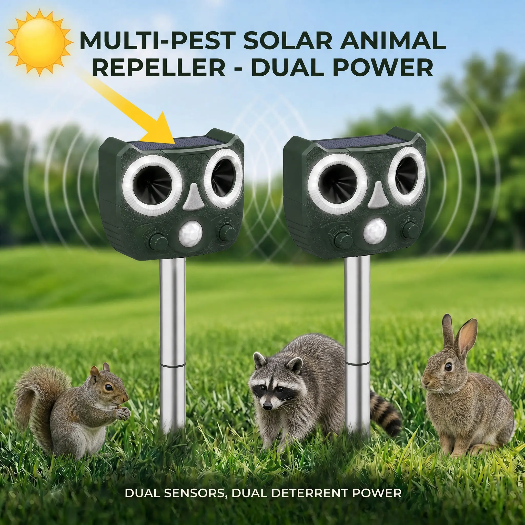 2026 Upgraded Ultrasonic Animal Deterrent - Waterproof Solar-Powered Outdoor Repellent with Motion Sensor for Outdoor Spaces, Cats & Squirrels
