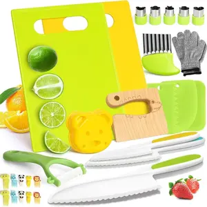 32 Pieces Montessori Kitchen Toys for Toddlers-Kids Cooking Sets Real-Toddler Toys Set for Real Cooking with Plastic Children Safe Knives Crinkle Cutter Kids Cutting Board