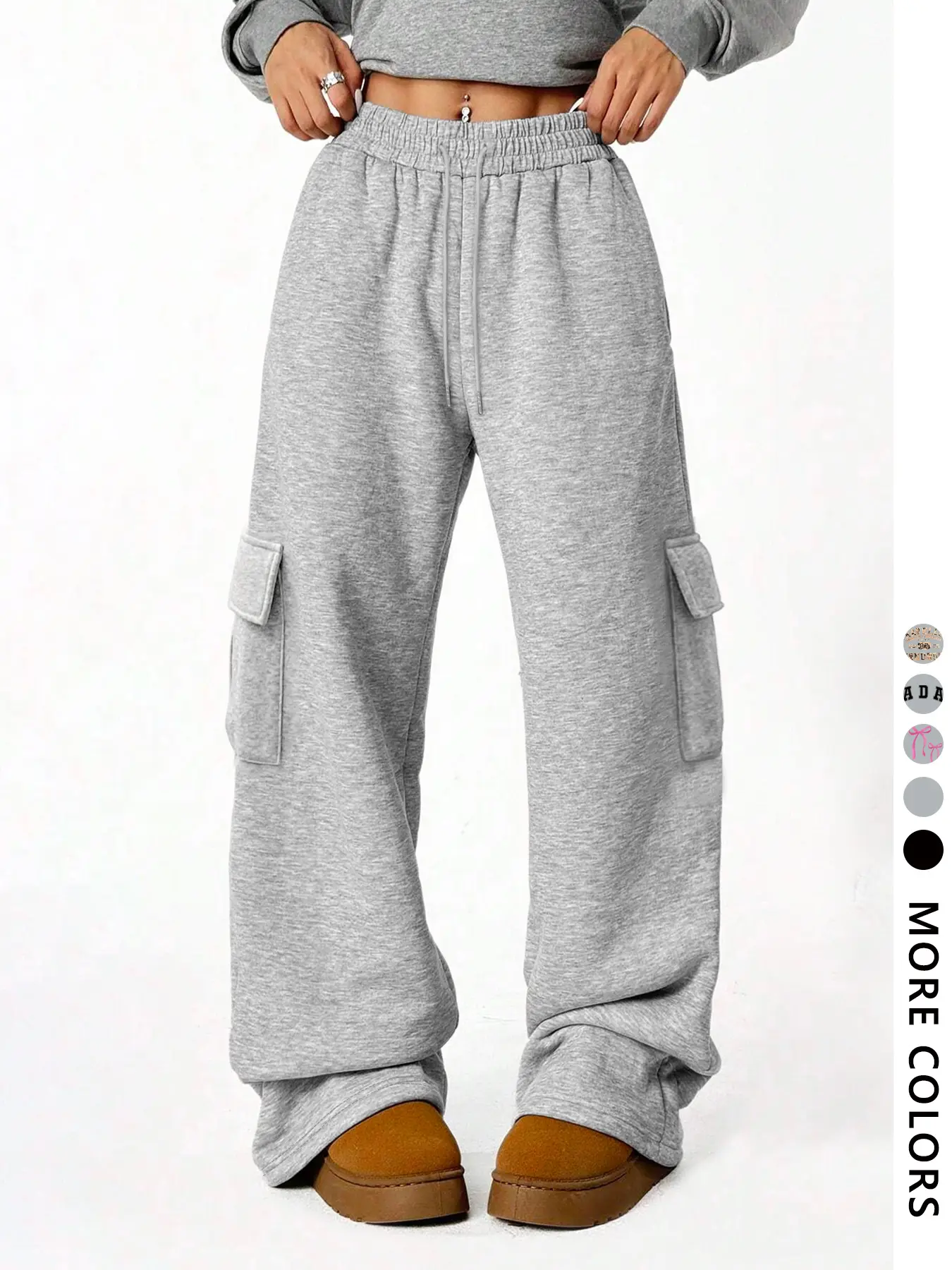 Women's Mid Rise Grey Cargo Sweatpants Joggers Comfy Soft Pocket Pants for Daily Wear, Wide sweatpants