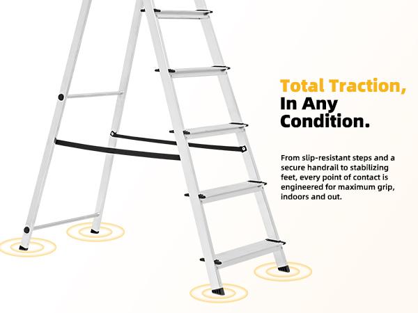 6-Step Aluminum Folding Ladder, 330 lbs Capacity with Wide Non-Slip Steps, Steel Platform, Slim Fold Design
