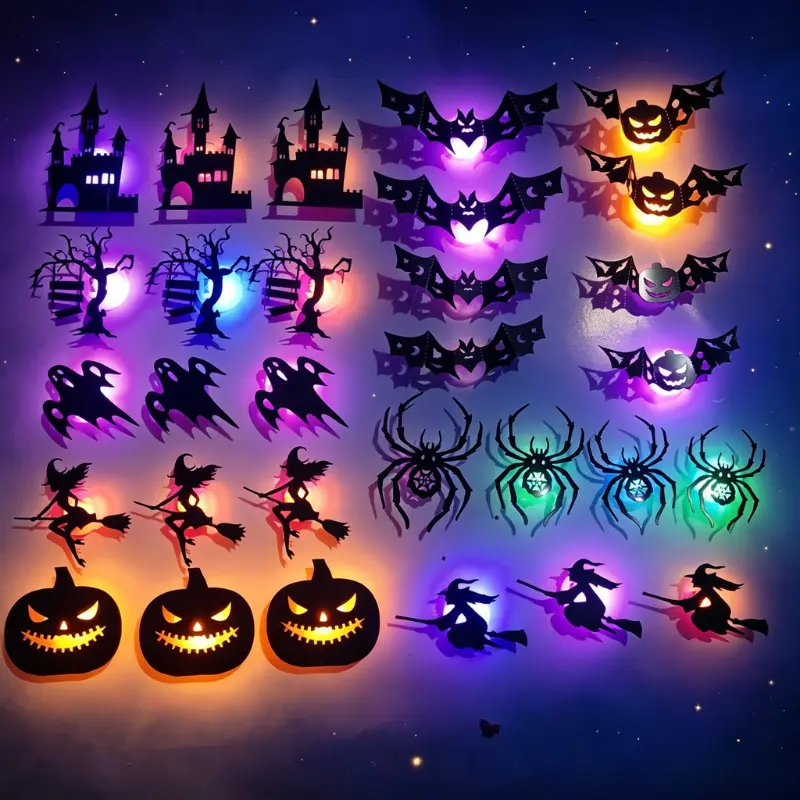 Halloween LED Silhouette Wall Light Stickers, Battery Powered Peel & Stick Decor Lights, No Drill PET Waterproof Wall Decor, Spooky Ghost Pumpkin Witch Bat Castle Spider Tree Ornaments for Home Window Door Party, 8/30 Pack Available