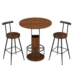 3-Piece Bar Table and Stool Set 31.5-inch round bar table with two stools Compact wooden dining bar with metal ring footrest Ideal for restaurants, cafes, bars, living rooms, and small spaces