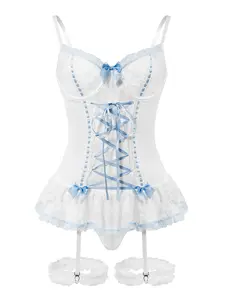 Women's 4 Piece Sets Floral Lace Up Valentine's Day Lingerie Garter Set Bowknot Ruffle Lace Corset Top Adjustable Straps Cute Nightwear