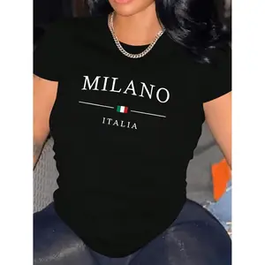 Burning Man1pc Women Casual Crew Neck T-Shirt With Italy Letter Print Polyester Knit Fabric Medium Stretch Fit Fashionable Short Sleeve Tee For Sports And Leisure Black