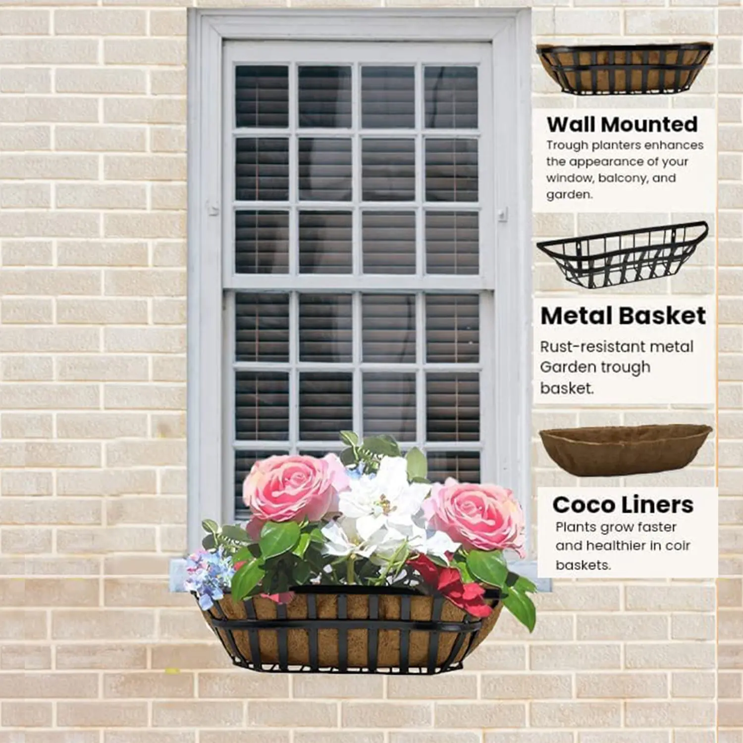 Ashman Trough 1 Pack, Deck Railing Planter Box, Black, Metal Garden Trough Deck Planter with Coco Liners.