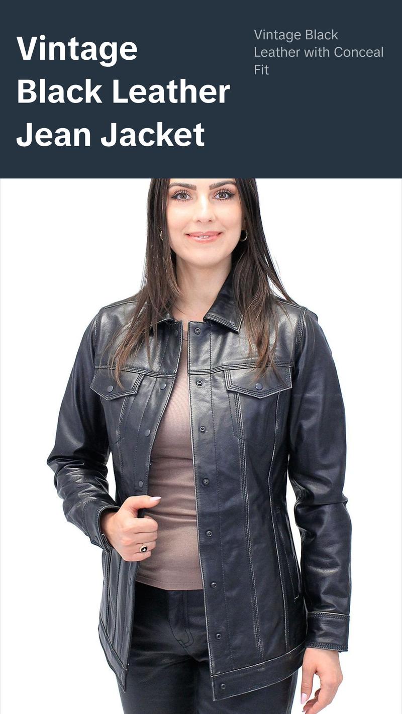 JAMIN LEATHER® Vintage Black Women's Long Leather Jean Jacket #LA2010LZK - Premium Soft Buffalo Leather, Dual Concealed Pockets, Snap Front, Minimalist Design, Available in Sizes S-5X