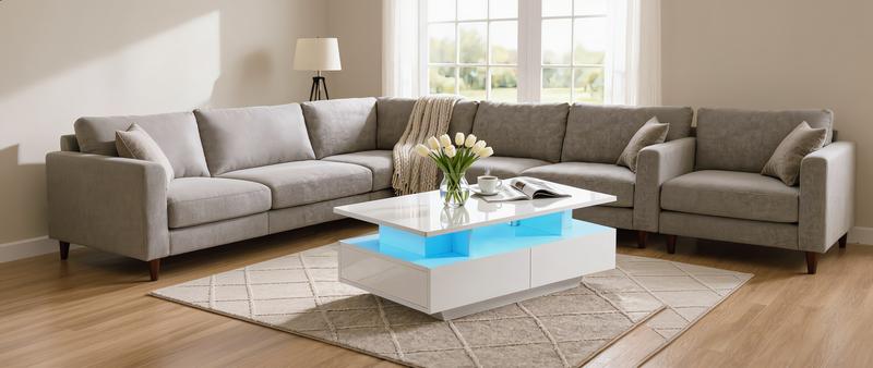 Yitahome LED Coffee Table with Storage, High Glossy LED Coffee Tables for Living Room, Small Center Table with Open Display Shelf&Sliding Drawers