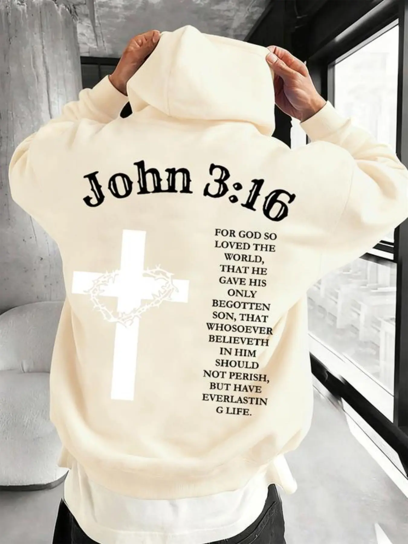 Unisex John 3:16 Cross Bible Verse Print Hoodie Letter Logo, Fall Winter Streetwear Hip Hop Casual Fit, Casual Street Fashion, Fitted Graphic Sweatshirt, Faith Sweatshirt, Casual Streetwear Pullover, Casual Hooded Sweatshirts, All Season Pullover